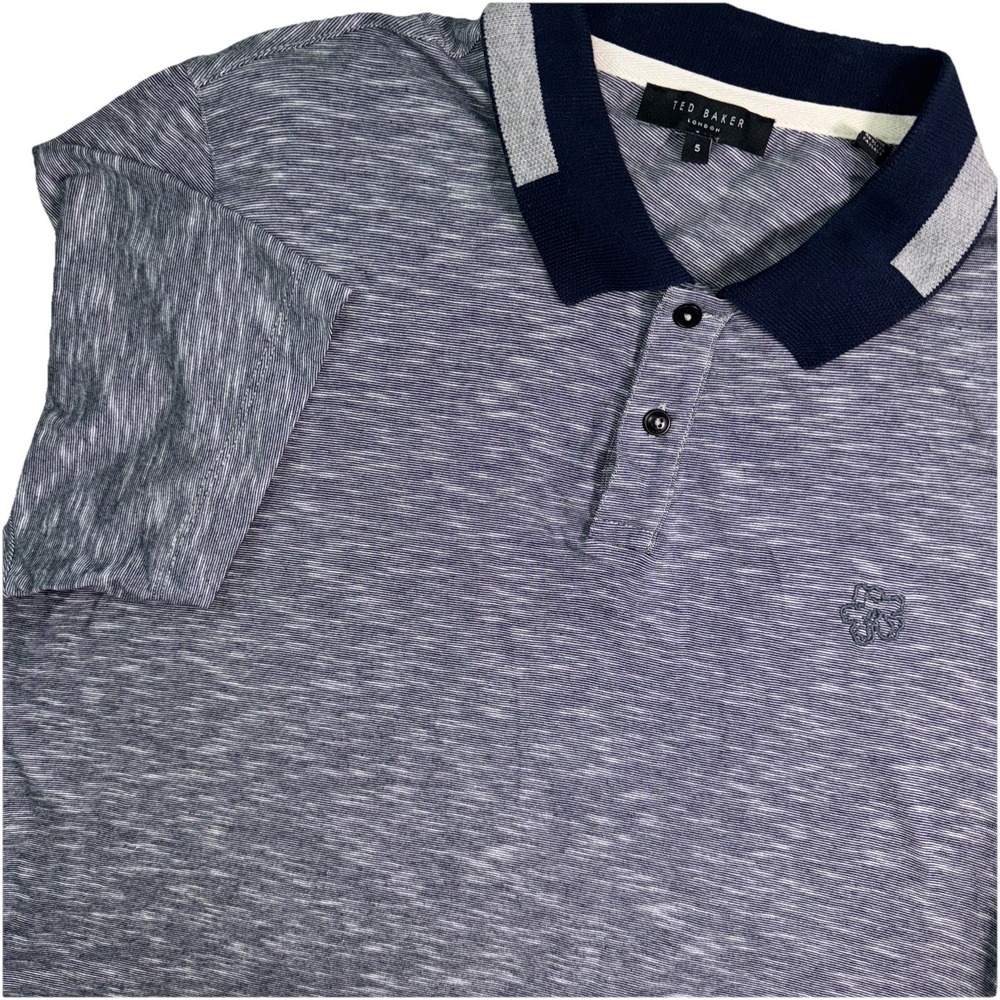 Ted Baker Polo Shirt Mens 5 Blue Striped Performance Stretch Cotton Short Sleeve